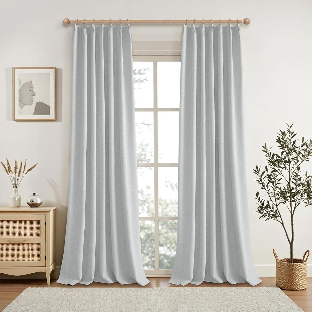 KangBang Pinch Pleated Light Grey Blackout Curtains 102 Inches Long, Linen Textured Noise Blocking Curtains for Living Room, Solid Pleat Modern Vertical Drapes with Hooks,42" W x 102" L,2 Panels