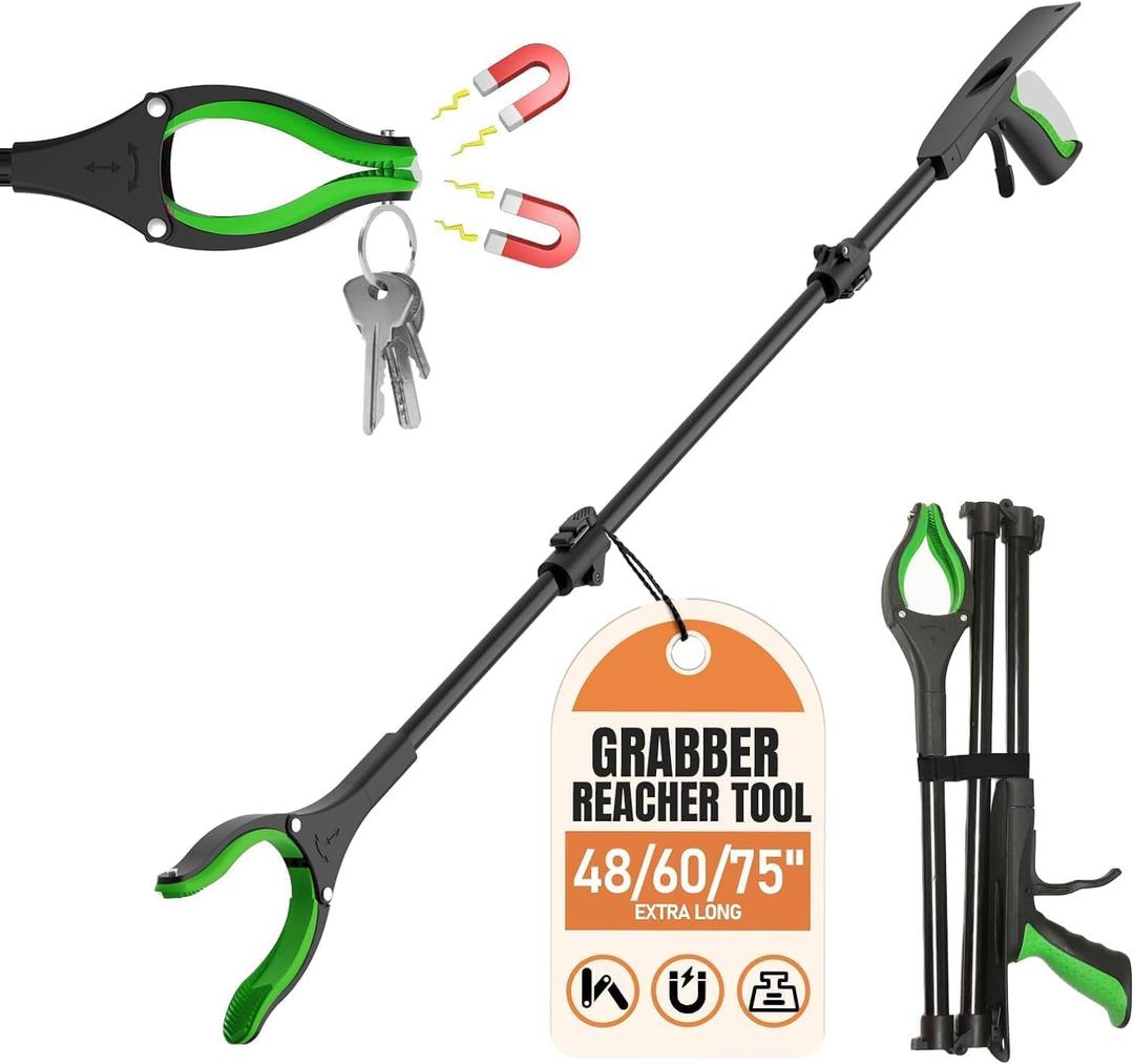 Extra Long Grabber Reacher Tool, 75" Aluminum Foldable Reacher Grabber, Dual Magnetic Tip Pickup Grabber Trash Picker, Strong Grip Aid for Upper Shelves, Elderly, Surgery Recovery Must Have