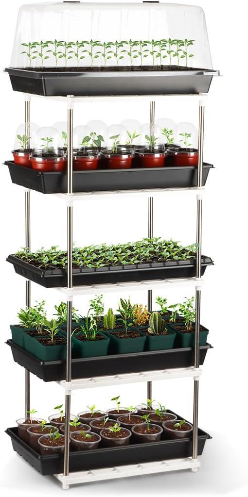 5-Tier Plant Stand, Seed Starter Tray Nursery Pots Storage Organization as Greenhouse Seedling Kit for for Indoor Outdoor Growing (White)