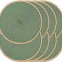 Noctiflorous Round Placemats Set of 8, 15 Inch Braided Hand Woven Table Mats, Heat Resistant Non-Slip Wipeable Thin Edge Place Mats for Kitchen Dining Indoor Outdoor Use(Green, 8)