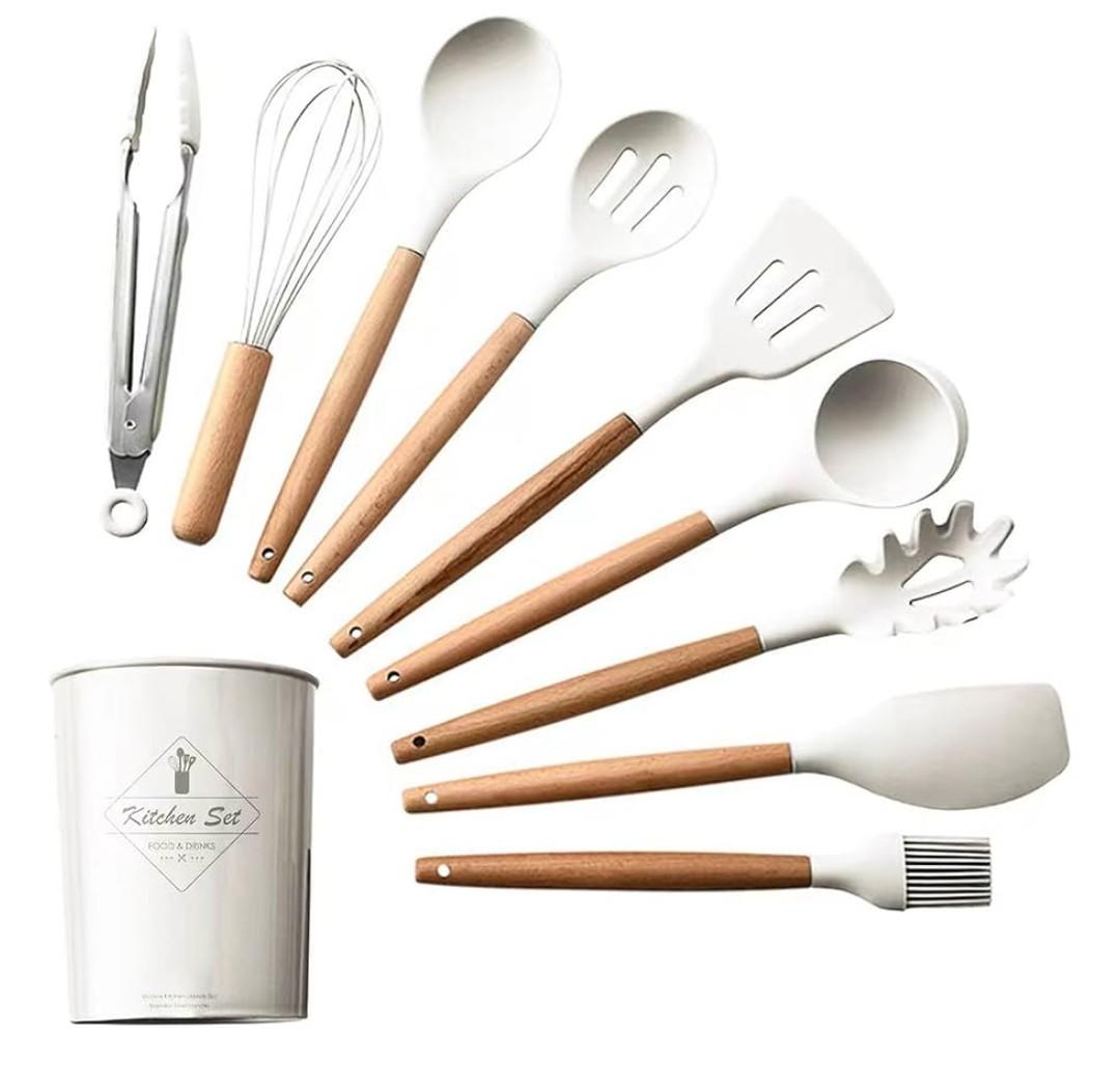 Silicone Cooking Utensils Kitchen Utensil Set Kitchen Gadgets Utensil Set (1, Khaki White)
