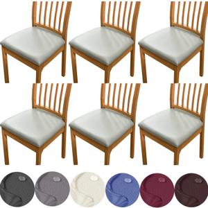 HFCNMY Seat Covers for Dining Chairs, 6 Pack Stretch Waterproof PU Dining Chair Seat Covers Removable Washable Kitchen Chair Seat Covers with Elastic Bands,Light Gray