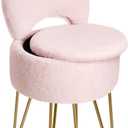 GREENSTELL Small Vanity Stool Chair with Storage and Folding Back, 13" x 13" x 17.7" Faux Fur Soft Ottoman for Teenager, 4 Metal Legs with Anti-Slip Feet, Furry Padded Seat for Makeup, Bedroom, Pink