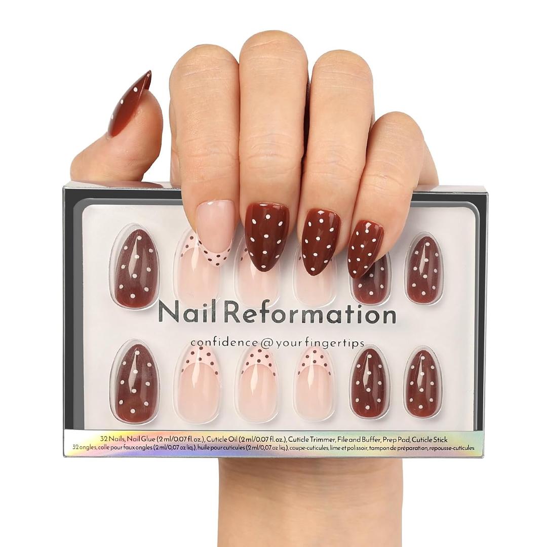 Nail Reformation Polka Dot Press On Nails Almond, French Tip Pink Fake Nails Short, UV Finish Fit Perfectly & Natural Reusable Stick On Nude Nails, 16 Sizes  32 Nail Tips With Glue, Women Girl Gifts