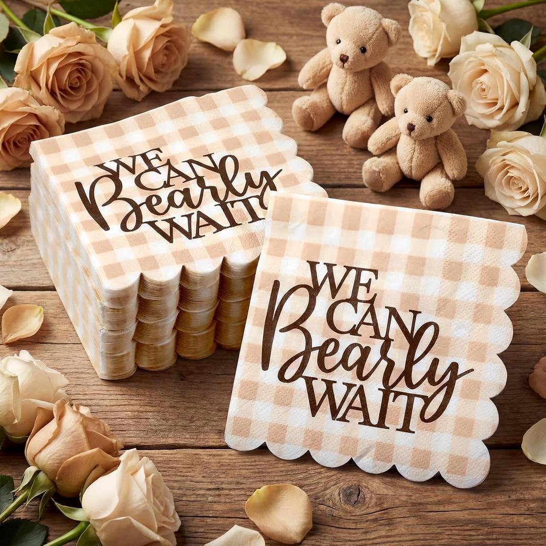 100 Pcs Neutral Beige Gingham Baby Shower Napkins We Can Bearly Wait Scalloped Edge Brown Napkins in Plaid Pattern Teddy Bear Baby Shower Napkin Neutral Gender Reveal Decorations