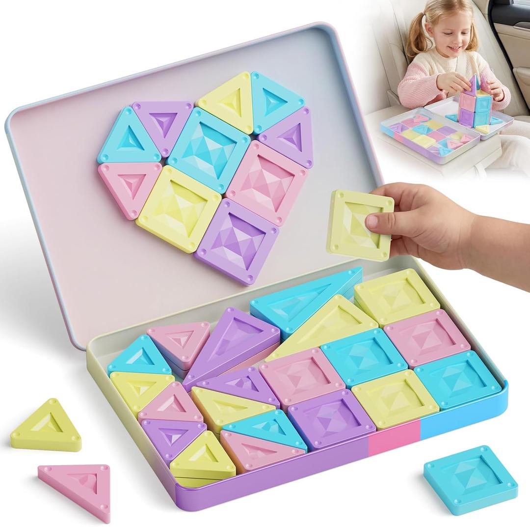 Mini Magnetic Tiles Girls Travel Set: 40 PCS Macaron Building Block with Tin Box - 90 Mins Quiet Play 45s Cleanup - Fly Trip Road Trip Toys for Kids Age 3 4 5 6