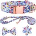 Dog Collar and Leash Set Girls Adjustable Puppy Collars with Floral Bow Tie for Small Medium Large Female Dogs, Blue Flower, XS