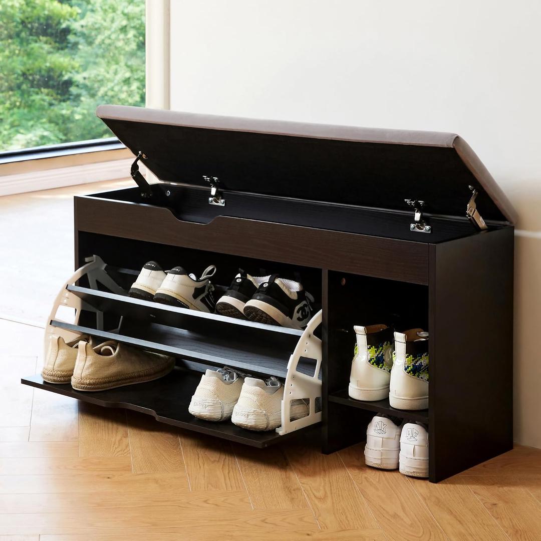 Netstar 3-Tier Entryway Bench with Cushion, Shoe Rack Bench with Flip Drawer, Lift Top Storage Box, Shoe Storage Organizer for Entryway, Hallway, Living Room, Black