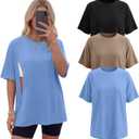 3 Pack Women's Oversized Nursing Tops for Breastfeeding with Hidden Zippers Loose Fit Short Sleeve Maternity Tops (Large, Sky Blue, Light Khaki, Black)
