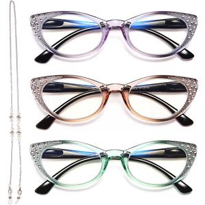 EYEURL Cat Eye Reading Glasses for Women - Blue Light Blocking 3 Pack Ladies Fashion Readers with Flexible Spring Hinges, Anti-Glare&UV Rays +1.50 Eyeglasses, Brown/Green/Purple