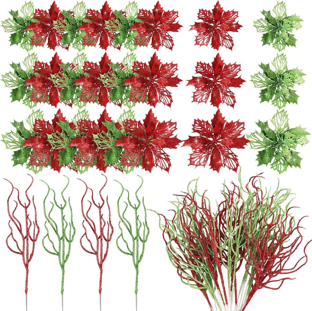 Yinder 48 Pcs Valentine's Day Glitter Poinsettia Artificial Flower with Twigs Christmas Tree Decorations Set for Wreath Table Centerpiece Xmas Wedding Holiday Party Decorations(Green and Red)