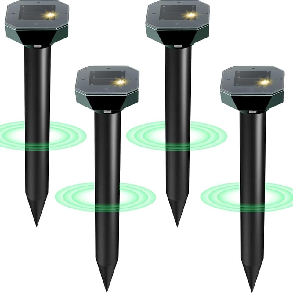Snake & Mole & Rabbit & Skunk Repellent Solar Powered, Upgraded Ultrasonic Deterrent, IP65 Waterproof, Gopher Groundhog Chipmunk Raccoon and Vole Repellent & Deterrent for Lawn & Garden, 4 Pack