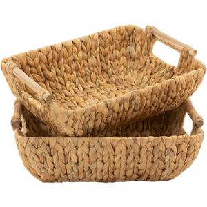 HOMESTEAD Water Hyacinth Storage Baskets with Wooden Handles, Medium Rectangular Wicker Baskets for Bedroom, Living Room, Bathroom, Shelves - 2 Packs