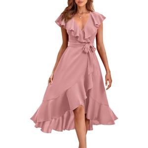 RETTYGARDEN Women's 2026 Summer Cross Midi Dress Casual Boho Deep V Neck Short Sleeve Ruffle Hem Split Beach Long Dresses (Large, Pink)