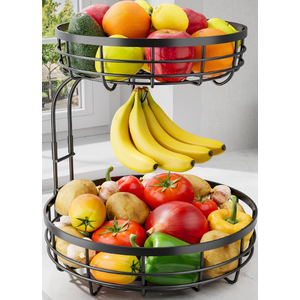 Fruit Basket for Kitchen Counter - 2-Tier Large Capacity Fruit Bowl with Detachable Banana Hanger, Rust-Proof Metal Fruit Holder for Vegetables, Bread, Toiletry,10" D x 10" W x 14" H, Black