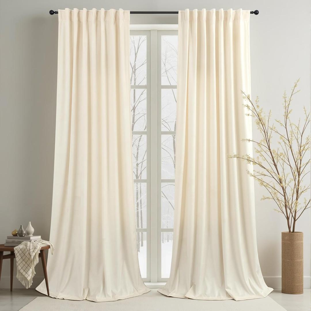 Cream Beige Velvet Curtains 102 Inch Custom Length for Kids Bedroom Aesthetic Contemporary Modern Farmhouse Cute Fancy Silk Satin Textured Ruffle Curtains for Closet Cabin French Country Movie Theater