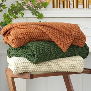 Chunky Cable Knit Throw Blanket Lightweight Beige 100% Organic Cotton Blanket for Sofa Couch Bed Baby Nursery, Rustic Shabby Chic Modern Farmhouse, 51 x 63 Give Laundering Bag