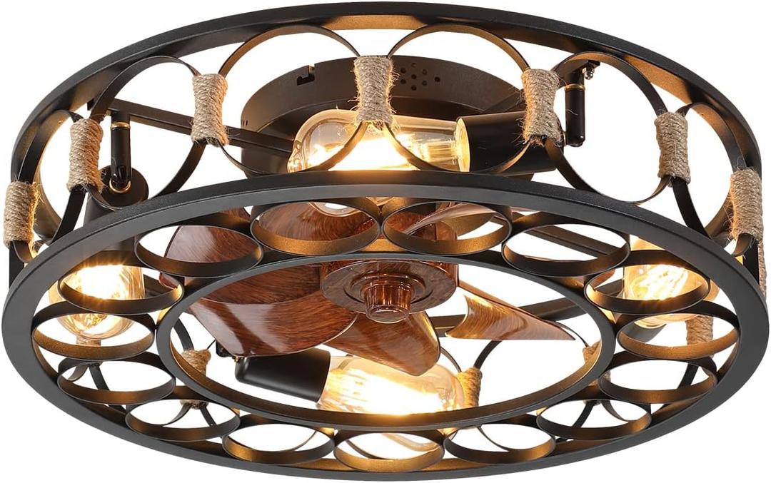 HMFULE 19.7'' 9.0 lb Ceiling Fan with Lights Remote Control 7 Black ABS Blades 6 Speeds 3 Time Settings for Farmhouse Bedroom Living Room