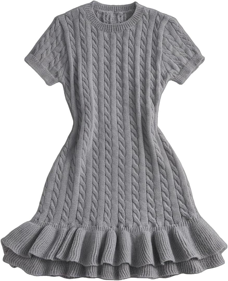 SOLY HUX Women's Short Sleeve Bodycon Sweater Dress Cable Knit Ruffle Party Mini Dresses (Medium, Pure Grey)