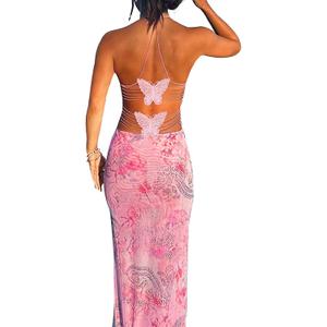 ABYOVRT Women Backless Butterfly Dress Sexy V Neck Sleeveless Open Back Maxi Dress Party Cocktail Bodycon Long Dress (Pink,XS)