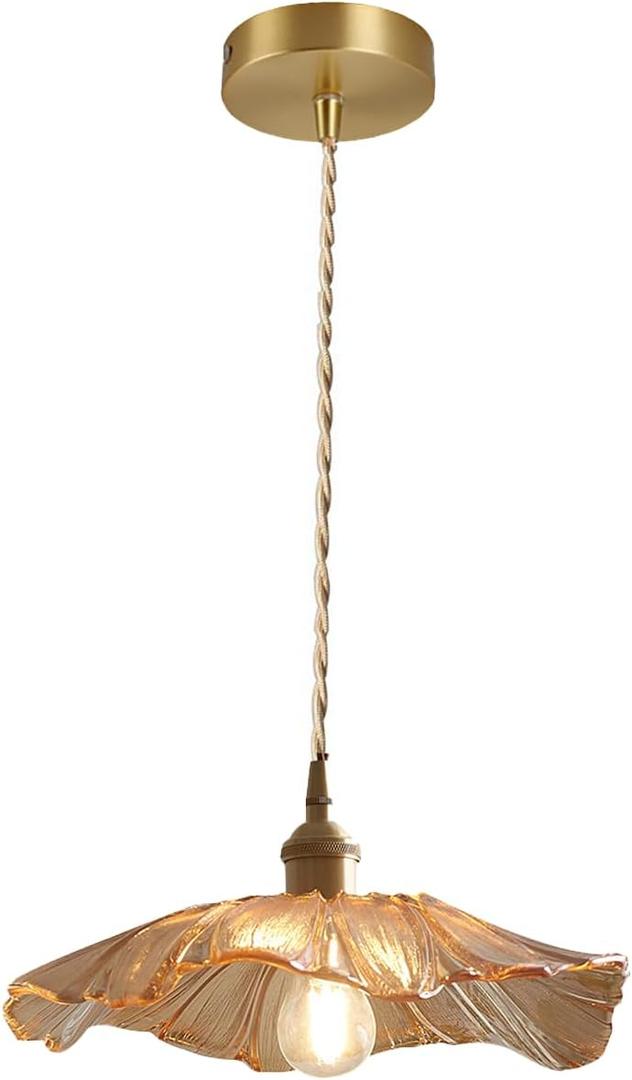 Modern Style Amber Glass Pendant Lights Fixtures 11 In/280mm Diameter Flower Lampshade and Gold Brass Finish with Switch ON/Off Pendant Ceiling Lamp for Farmhouse(Amber)
