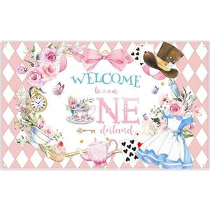 72x43inch Pink Onederland Backdrop Floral Checkerboard Hat Fairy Tale Photography Background Girls Kids Birthday Party Baby Shower Decor Photo Props