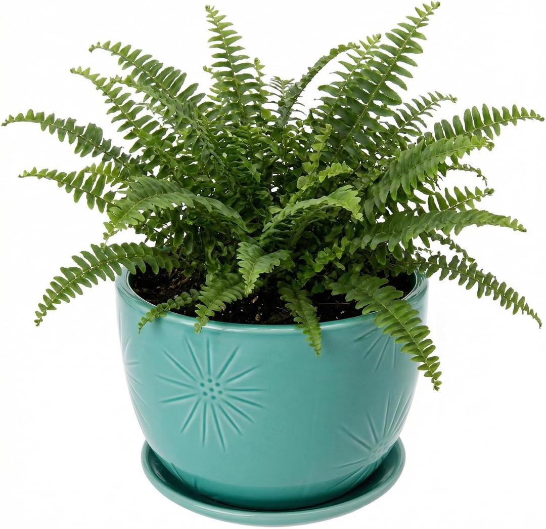 MyGift 7 Inch Round Turquoise Ceramic Plant Pot with Drainage Hole and Attached Saucer, Modern Decorative Embossed Sunburst Planter Container for Indoor Home Garden