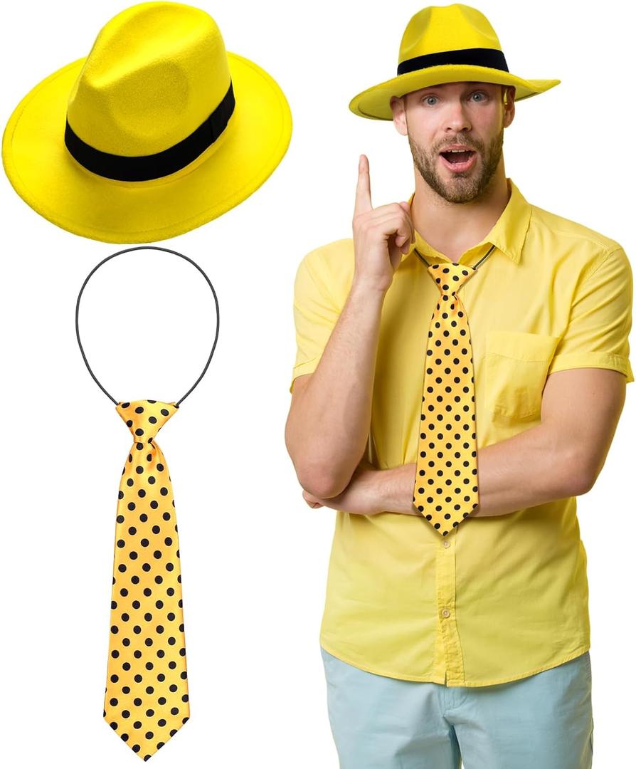 2 Pcs Yellow Hat Costume for Men Women Halloween Cosplay Outfit Set Retro Wide Brim Felt Hat with Black Belt Yellow Tie with Black Polka Dots