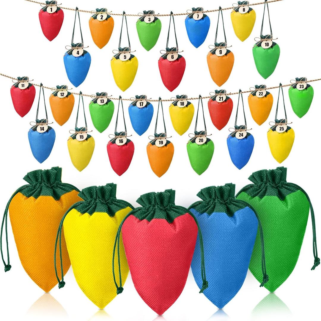 25 Pcs Christmas Lights Advent Calendar Bags 25 Days DIY Empty Advent Calendar to Fill Reusable Drawstring Xmas Countdown Gift Bag Christmas Decor for Fireplace Mantel Window Shelve Winter