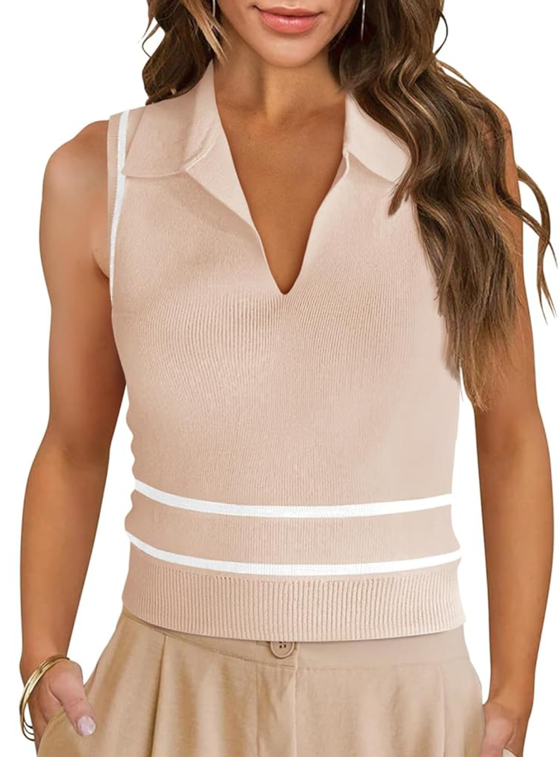 Saodimallsu Womens Sleeveless Cropped Sweater Vest V Neck Collared Color Block Y2k Crop Tank Top Summer Polo Shirts, Large, Apricot 