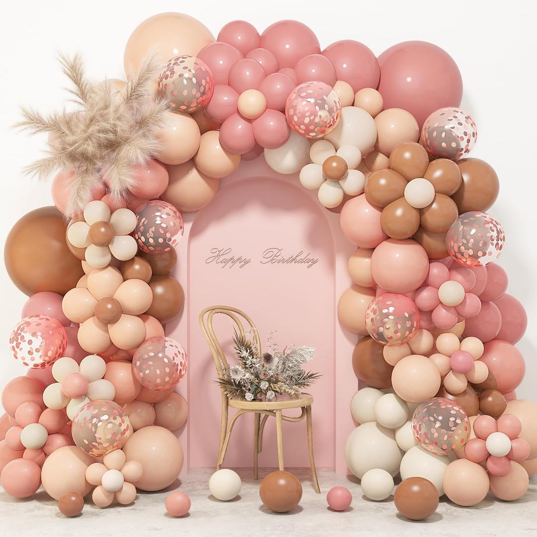 Amandir Boho Daisy Balloons Garland Arch Kit, Retro Dusty Rose Pink Blush Brown Nude Flower Balloons for Boho Daisy Flower Theme Birthday Baby Shower Wedding Party Decorations Supplies