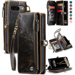 Defencase Compatible with Pixel 9/Pro Case, RFID Blocking Wallet Case Fit for Google Pixel 9 & 9 Pro Soft PU Leather Magnetic Snap Flip Zipper Strap Card Holder Phone Case for Women Men, Coffee