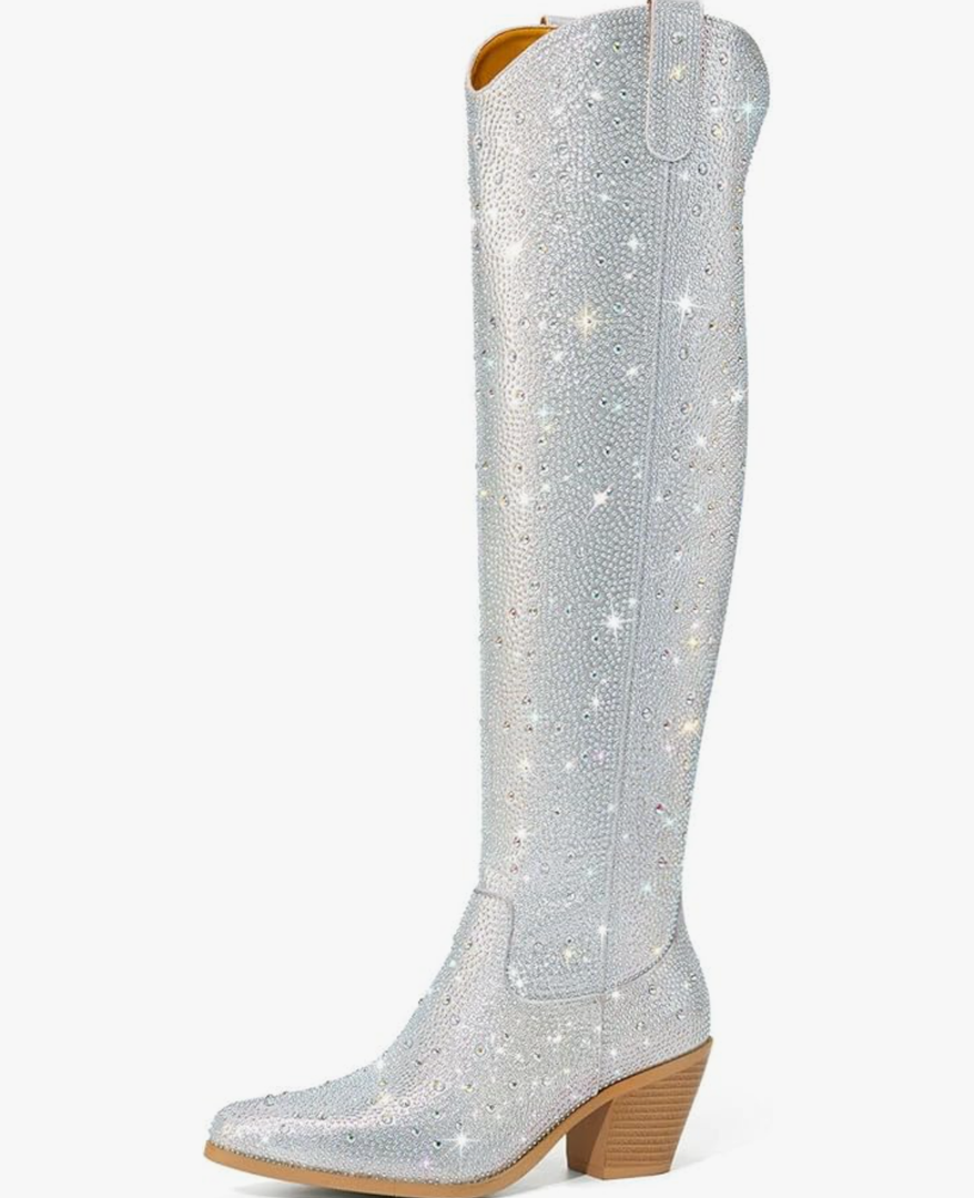 Rollda Rhinestone Cowboy Boots Sparkly Over the Knee Cowgirl Boots Pointed Toe Knee High Boots with Chunky Heel Thigh High Boots 9.5