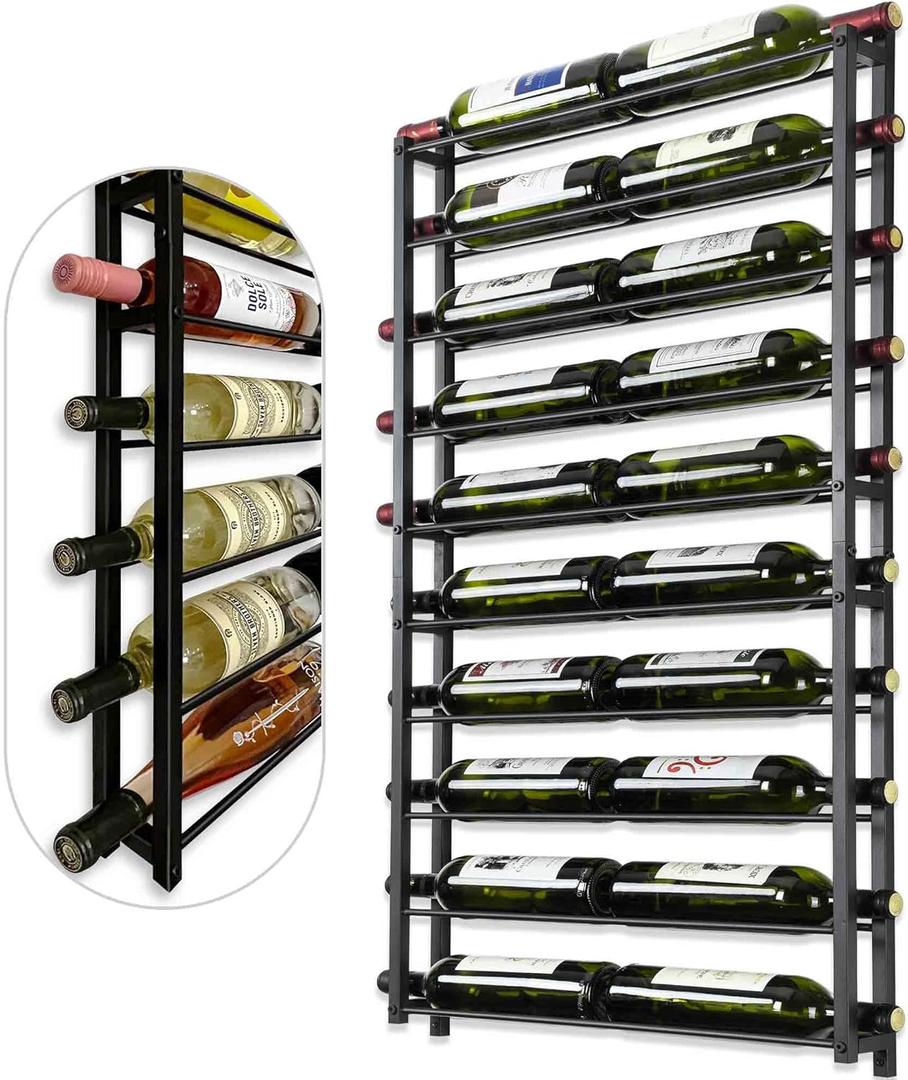 Wine Rack Wall Mounted - Heavy Duty 20Bottle Capacity Storage - 3.7 Inch Extra Wide Slots for Champagne & Magnum - Professional Grade for Wine Collectors - Rust-Resistant Matte Black Metal