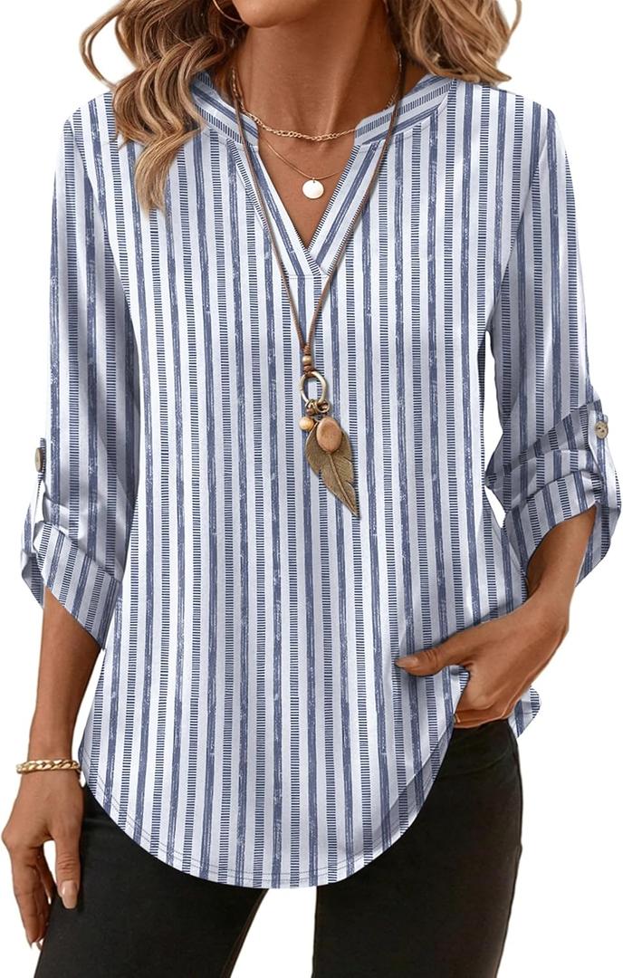XIEERDUO 3/4 Length Sleeve Womens Tops V Neck T Shirts Both Side Buttons Blouses Business Casual Outfits Loose Fit M