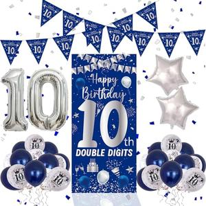 10th Birthday Decorations for Boys Girls, Blue Silver Happy 10th Birthday Double Digits Door Banner Decorations, Number 10 Foil Balloon Triangle Flag 10 Year Old Bday Party Supplies for Son Daughter