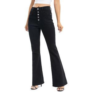 Mityblue Women's Flare Stretchy Jeans High Waist Bootcut Slimming Denim Bell Bottom Multi Button Pants (B16-Black-14)