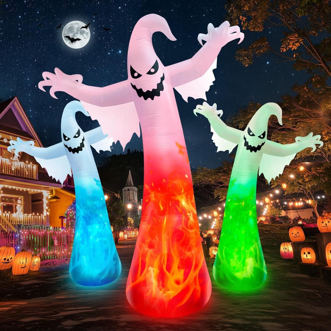 12FT Giant Halloween Inflatables Ghost with 3-Colored Flame Rotation LED Lights, Huge Spooky Halloween Decoration Outdoor Large Halloween Blow Up Yard Decorations Tall Blow-ups for Lawn Party (1PCS)