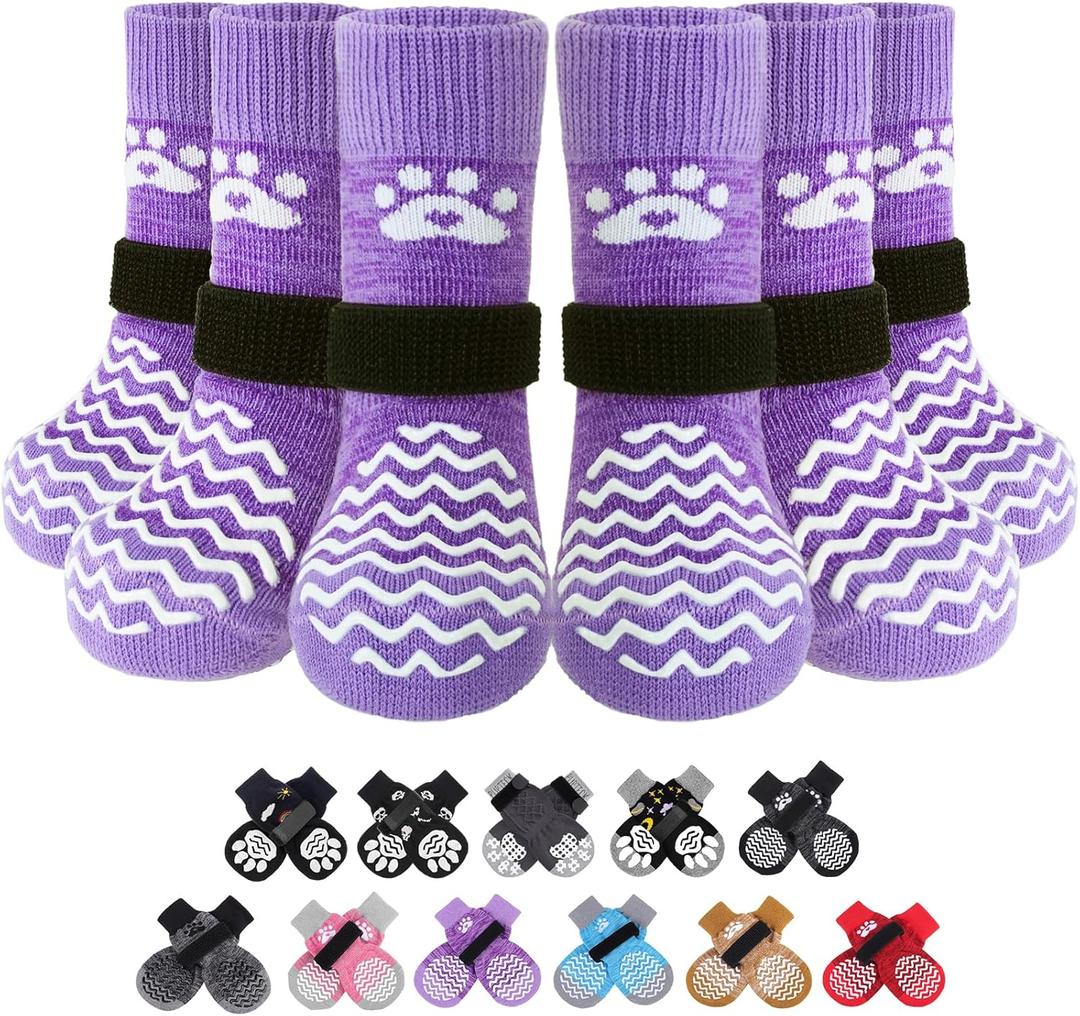 PUPTECK Non-Slip Dog Socks, Double Sides Grips Dog Boots & Paw Protectors for Hardwood Floors Prevents Licking Paws, Adjustable Dog Shoes for SeniorDogs (Small (6 Count), Purple)