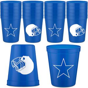 Bokon 24 Pcs Cow Boy Football Party Supplies Blue Football Plastic Cups Reusable 16oz Thickened Sports Birthday Party Drink Cups for American Rugby Game Day