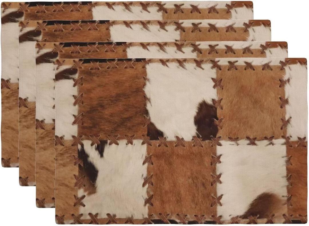 Cowhide Placemats Set of 4 Patchwork Cow Fur Print Linen Washable Placemat Kitchen Dining Heat-Resistant Farm Animal Place Mats Desktop Decor Western Cowboy Table Mats 12x18 Inch (Brown)
