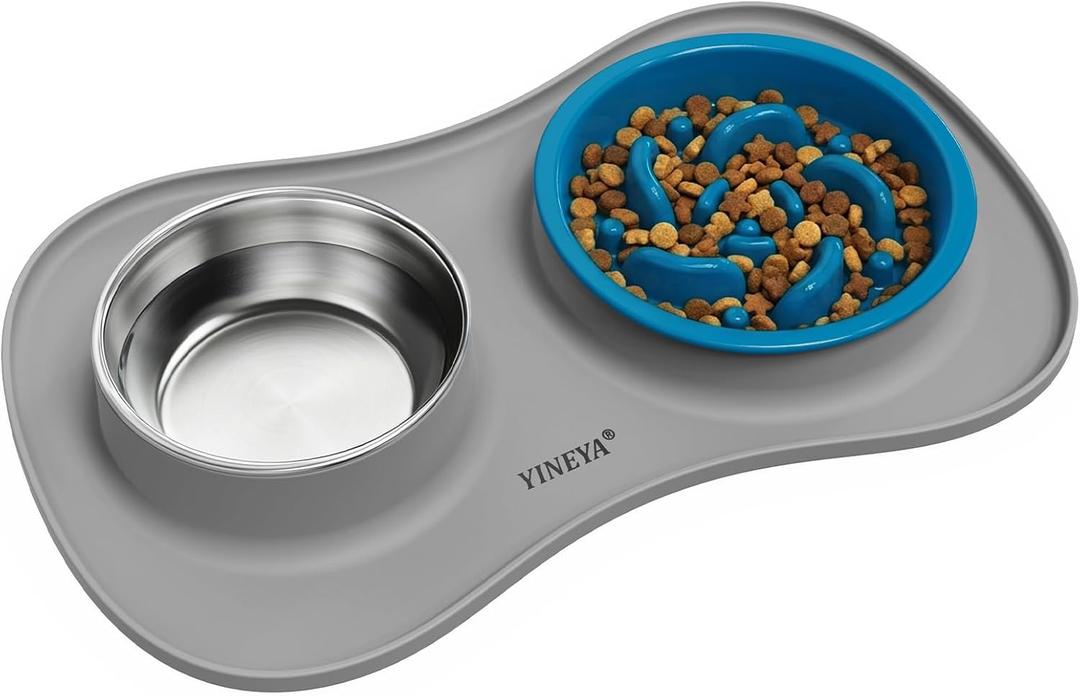 YINEYA 3 in 1 Slow Feeder Dog Bowls & Stainless Steel Food and Water Bowl with Non-Spill Dog Bowl Mat, Anti-Choking Puppy Bowls, Floor Safe & Easy Clean for Large Medium Small Dogs Cats