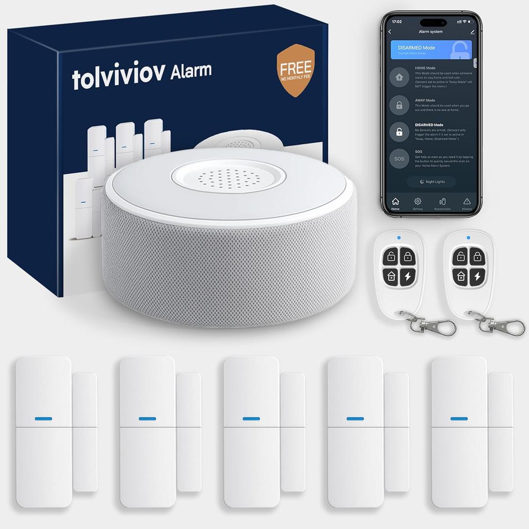 tolviviov WiFi Smart Door/Window Alarm System 8-Piece Kit  App Alerts, Compatible with Alexa, No Monthly Fee, Expandable DIY Wireless Home Security, 1 Siren, 5 Sensors & 2 Remotes (8 Pack)