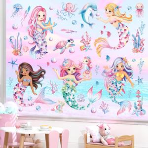 decalmile Under The Sea Mermaid Double Sided Window Clings Ocean Animal Whale Turtle Jellyfish Anti-Collision Glass Doors Window Stickers Decals
