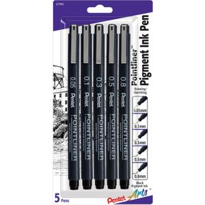 Pentel Arts Pointliner Drawing Pen, 5-Pack, Assorted Sizes, Black Ink (S20PBP5A)