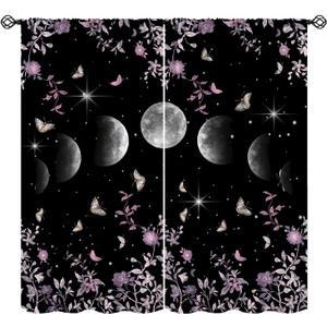 Moon Phase Moonlit Curtains, Gothic Witchy Pink Wild Roses Butterfly Vines Bohemian Moonlit Mysticism Design Window Curtains for Living Room Bedroom, 42x45 Inch (No Blackout)
