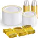 Gold Disposable Dinnerware Set for 100 Guests - 600PC BPA-Free Plastic Plates & Cutlery Kit with 100 Dinner Plates, Salad Plates, Forks, Knives, Spoons & Cups for Wedding, Party, Catering (Heavy-Duty)