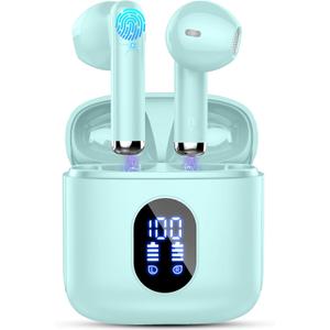 Wireless Earbuds, Bluetooth Headphones 5.4 with ENC Noise Cancelling Mics, 30H Bluetooth Ear Buds 3D Bass with LED Display Charging Case, IP7 Waterproof Wireless Earphones for Android, iOS, Cyan