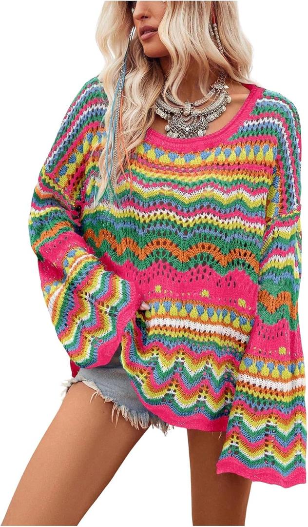 COZYEASE Women's Oversized Colorful Sweater Drop Shoulder Pullover Crochet Hollow Fall Outfit Sweater Tops XXL