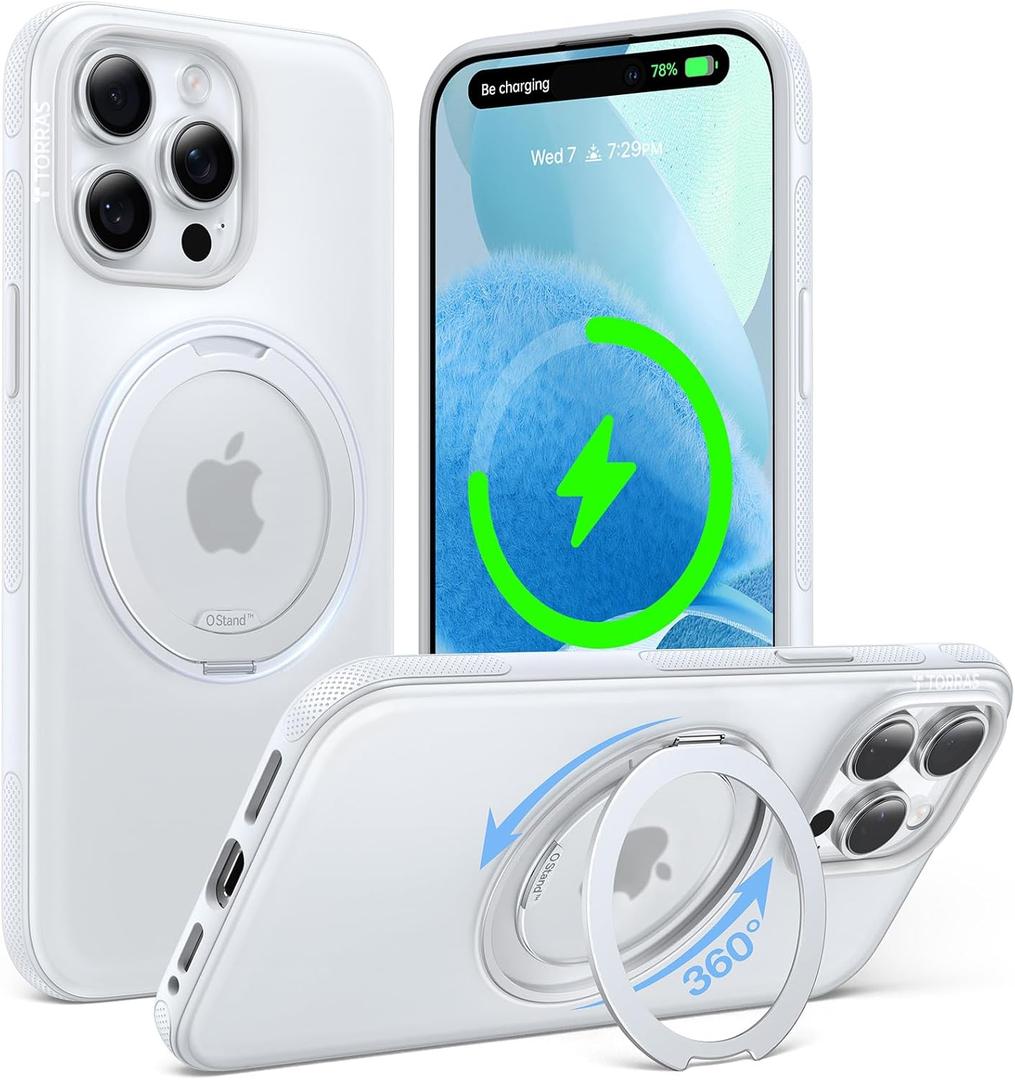 TORRAS Ostand Fitness 360 Rotating Magnetic Stand for iPhone 15 Pro Max Case, [Compatible with MagSafe] [Military-Grade Protection][Enhanced Grip] Slim Case for iPhone 15 Pro Max, Glacier White 6.7"